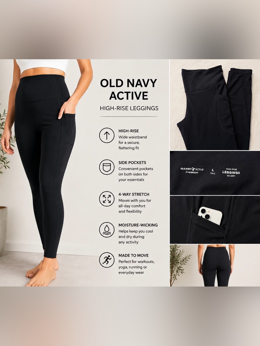 Old Navy Black High-Rise Active Leggings with Side Pockets